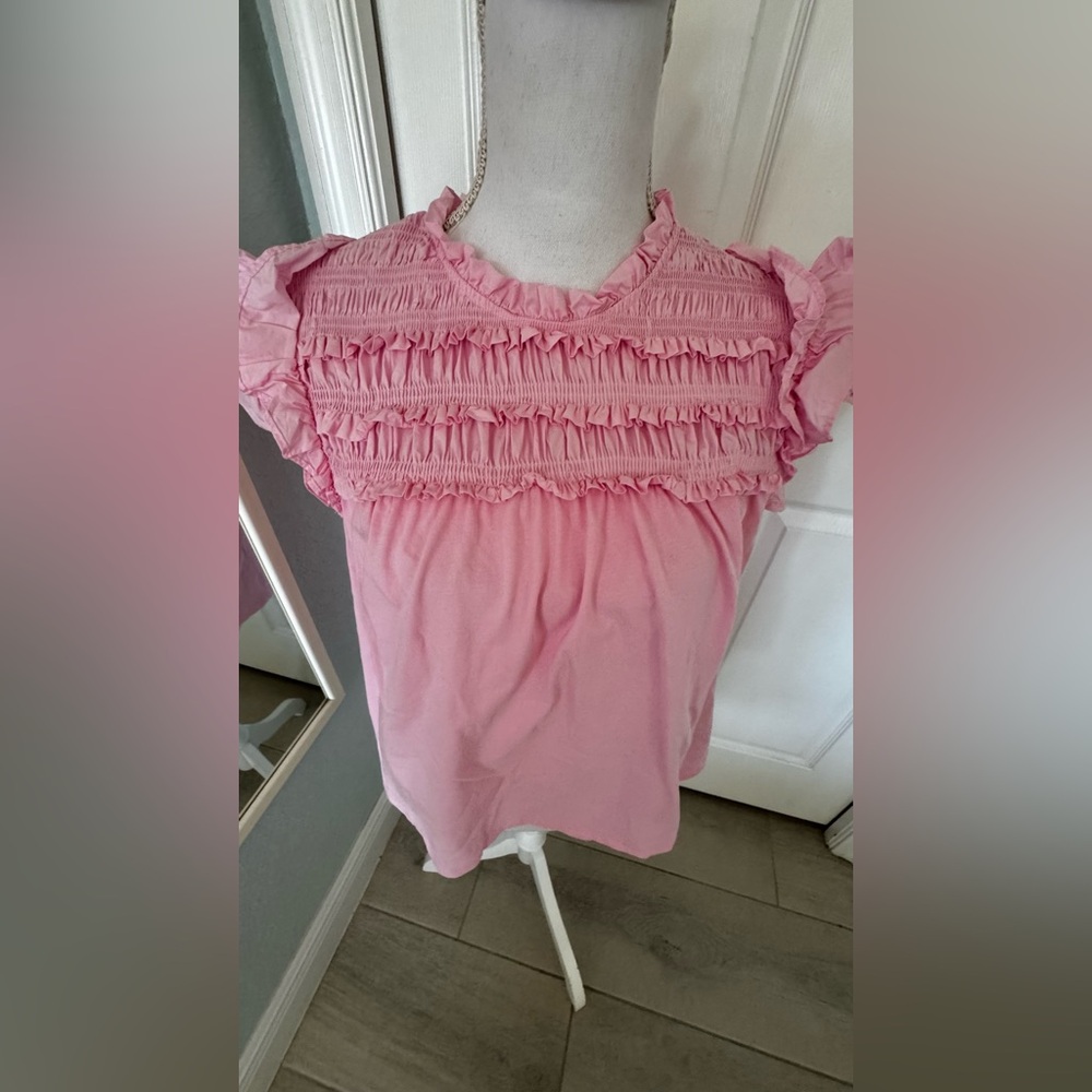 English Factory Pink Smocked Ruffle Flutter Sleeve Blouse Top Women’s Medium